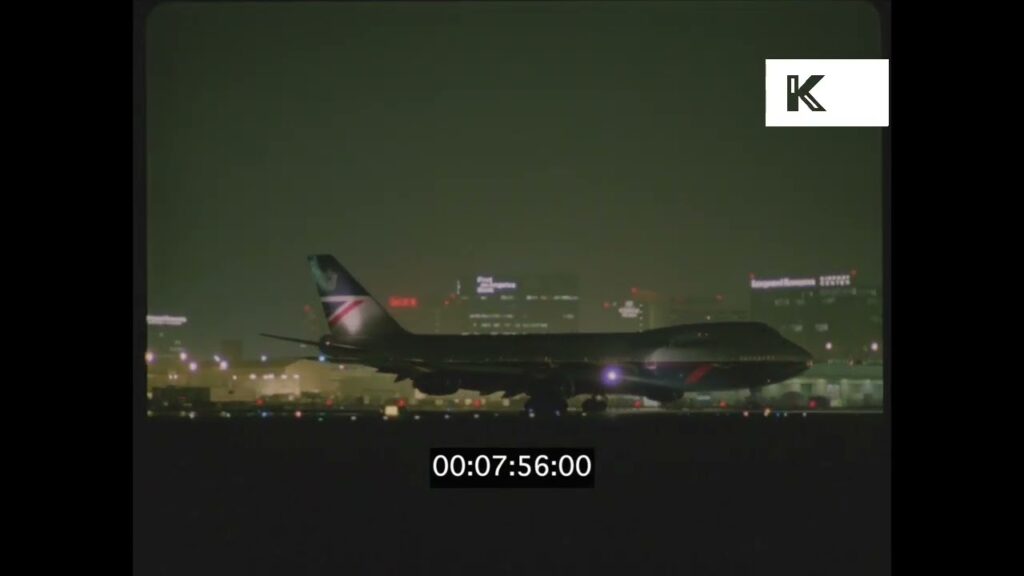 1980s Los Angeles LAX Airport, British Airways Taxiing, , Boeing 747 by Night, 4K